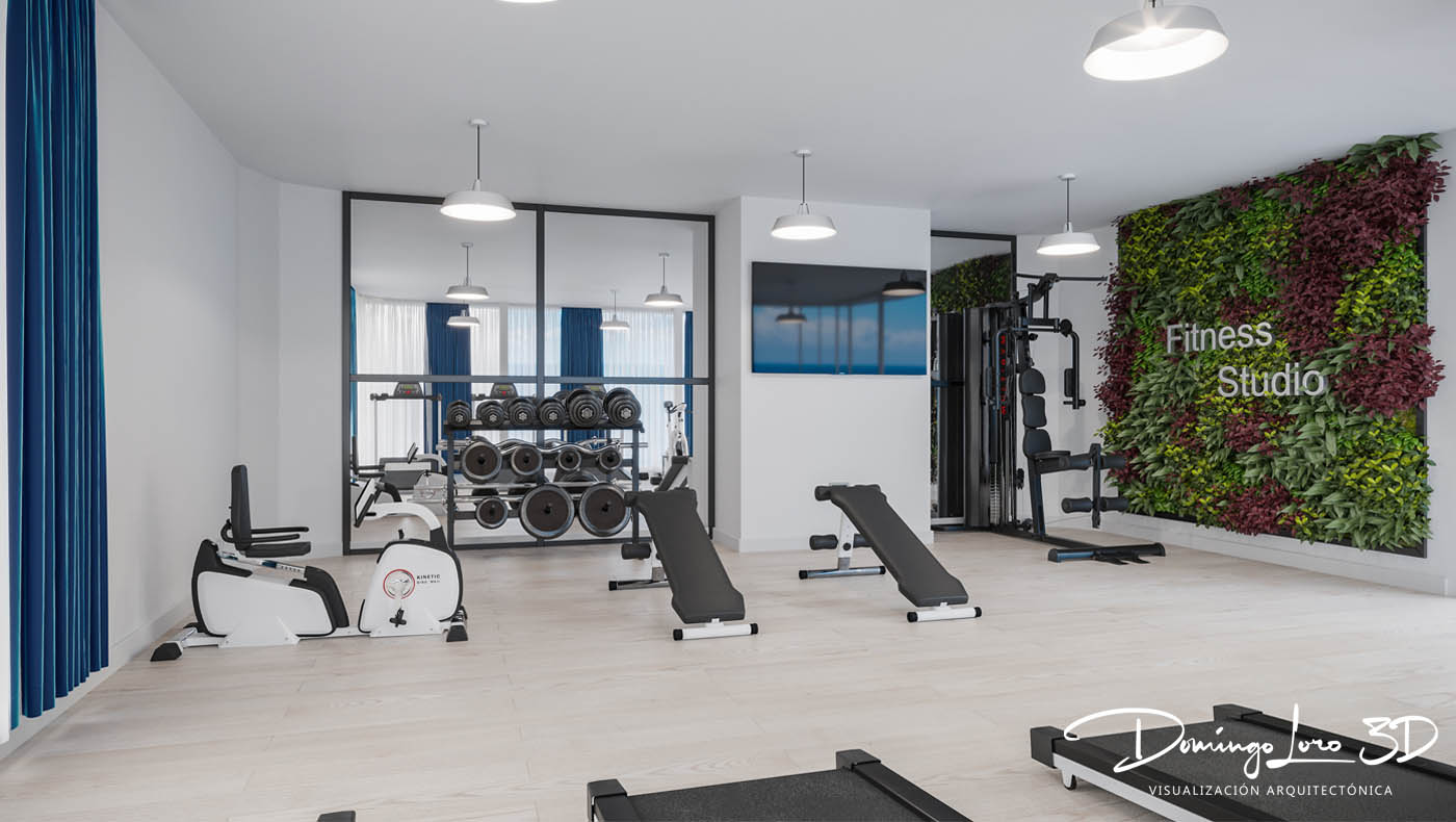 Render 3D de las zonas comunes de un edificio residencial