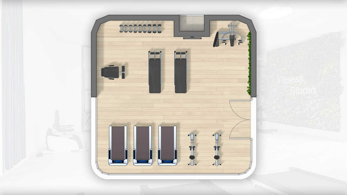Render 3D de las zonas comunes de un edificio residencial