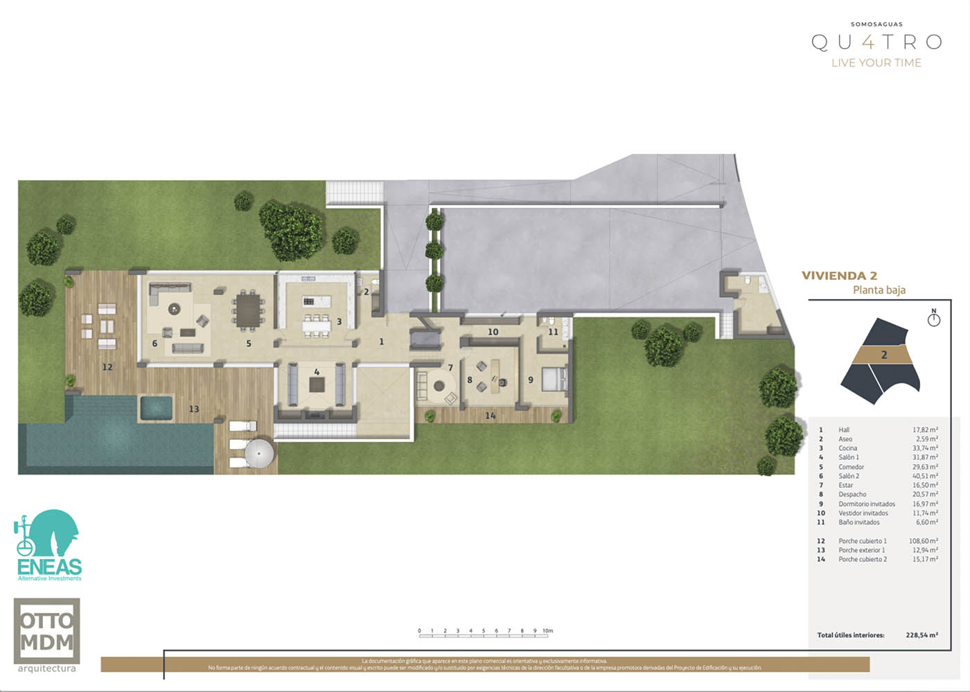 Plano comercial a color 2D de la planta baja de una vivienda unifamiliar con parcela independiente