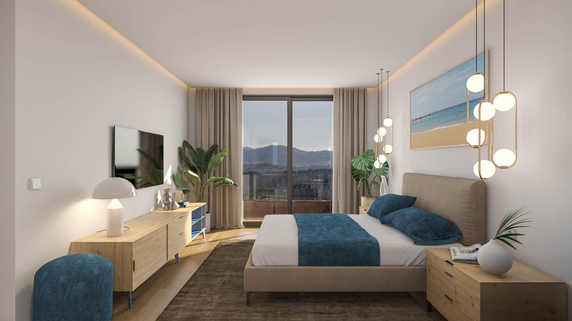 Infografía 3D - Vista interior del dormitorio de una vivienda para una promoción inmobiliaria