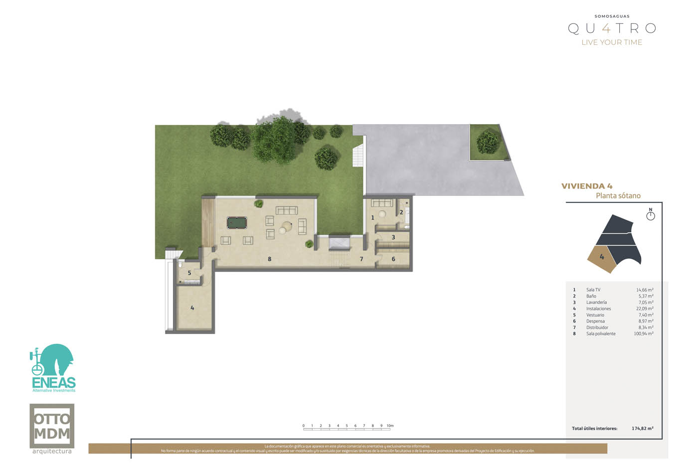 Plano comercial a color 2D de la planta sótano de una vivienda unifamiliar con parcela independiente