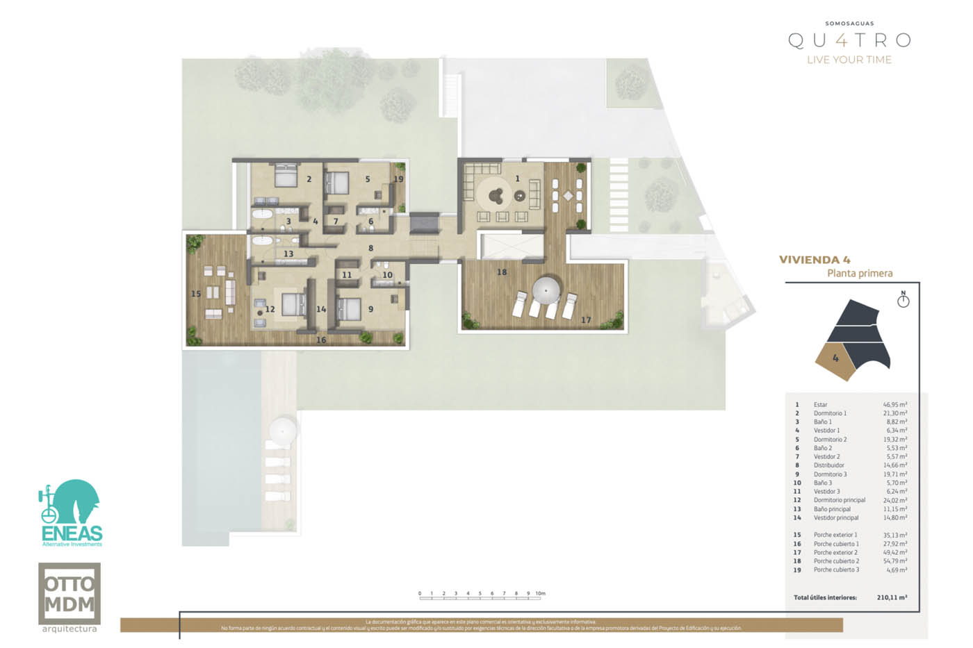 Plano comercial a color 2D de la planta primera de una vivienda unifamiliar con parcela independiente