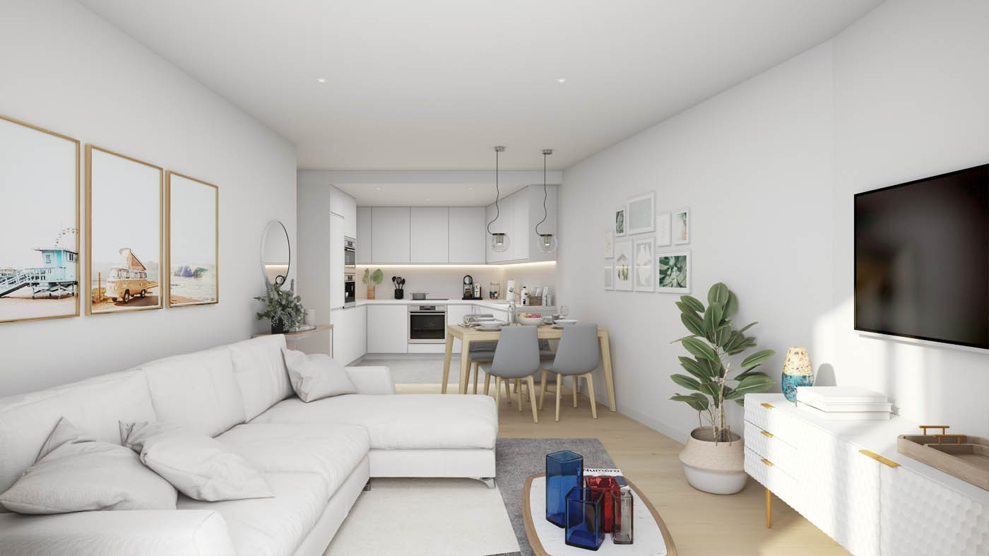 Render 3D del interior de una vivienda en un edifcio residencial en Vic
