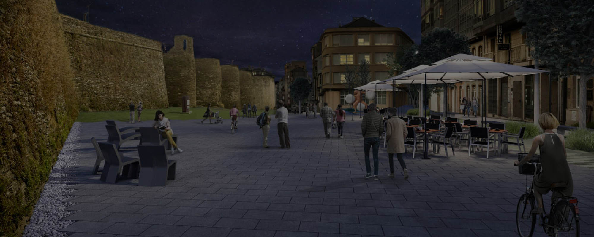 Renders 3D peatonalización A Mosqueira, tramo de la Muralla en Lugo