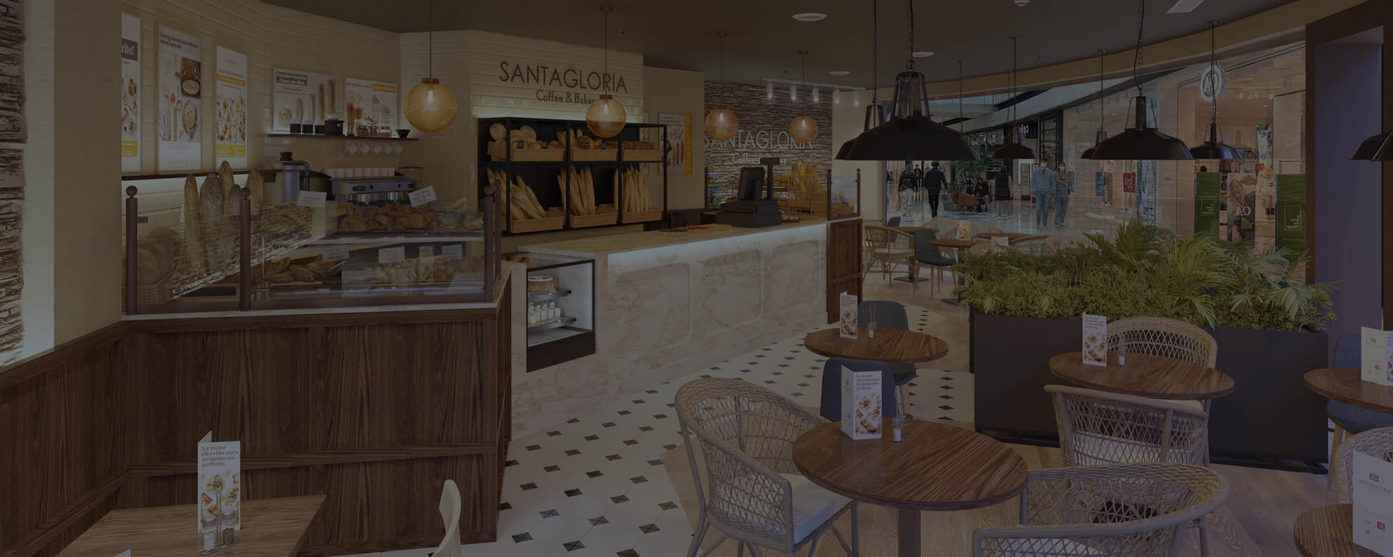 Renders 3D de una franquicia de Santagloria Coffee & Bakery