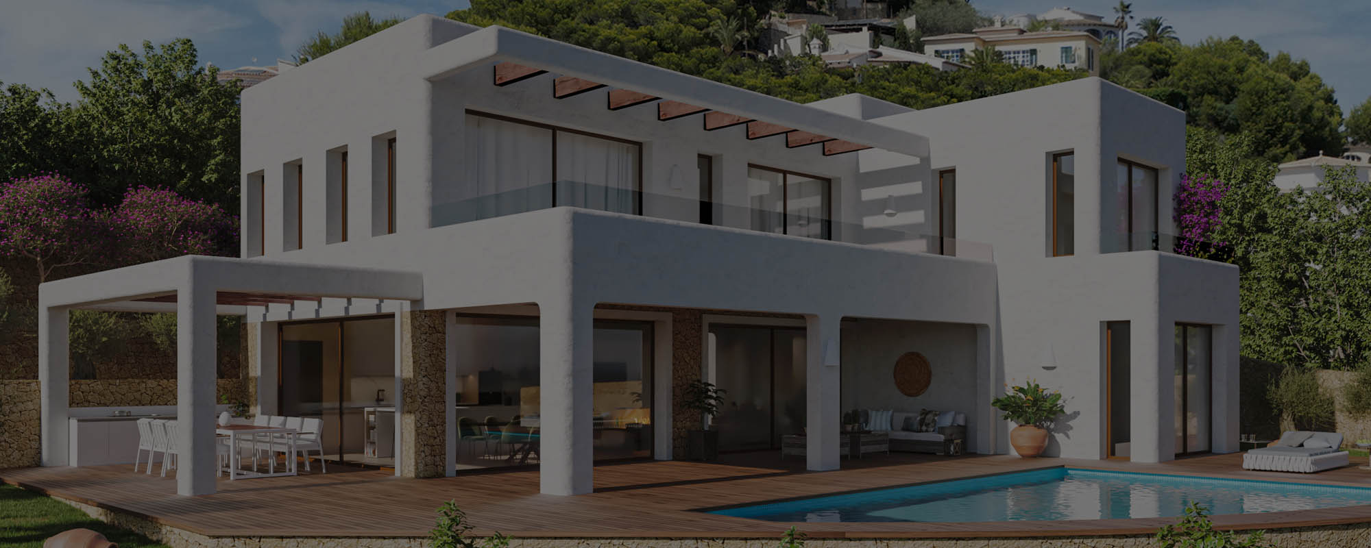 Renders 3D de una casa típica ibicenca con inspiración mediterránea